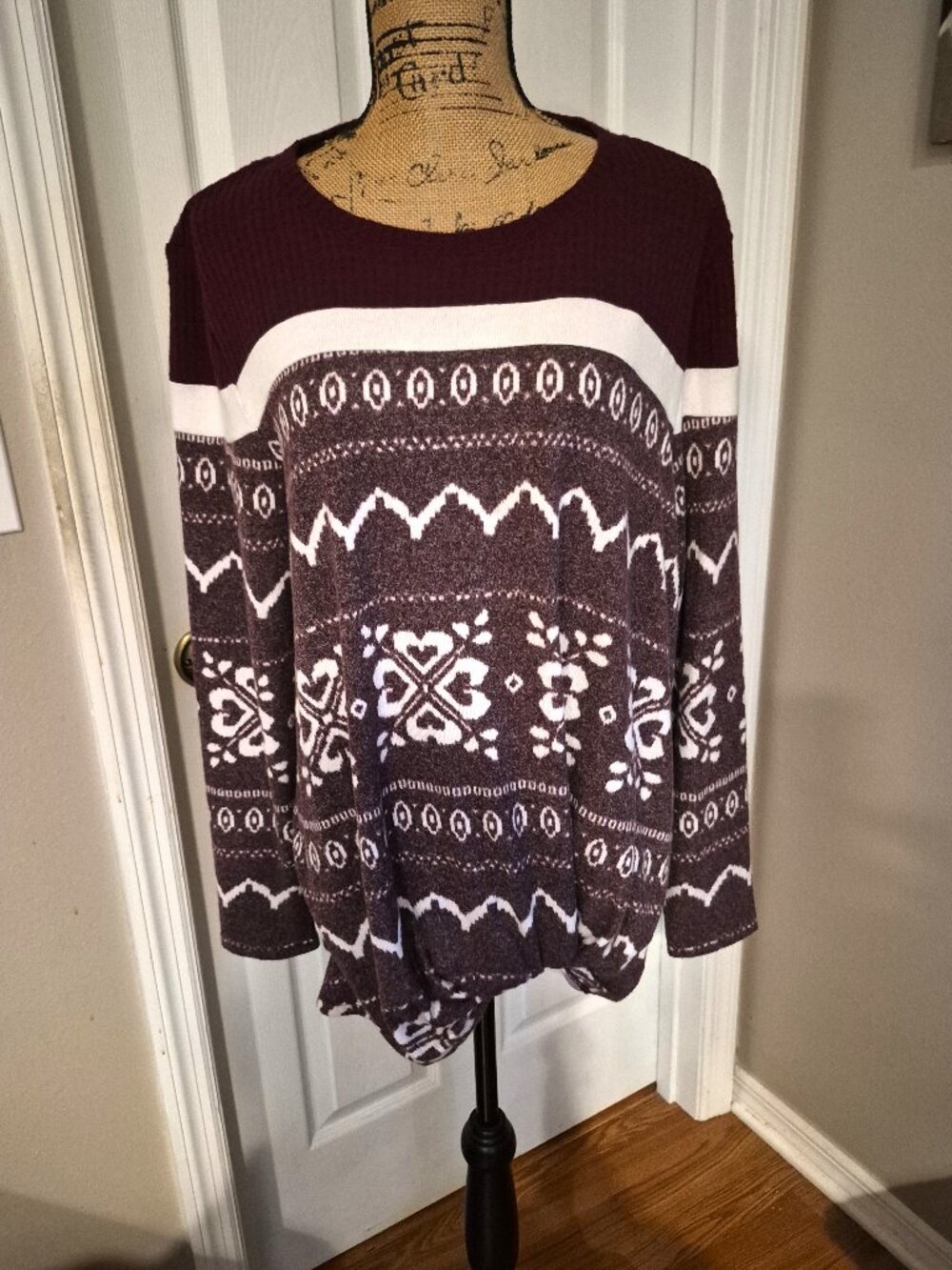 Maurice's Burgundy and White Knotted Hem Sweater